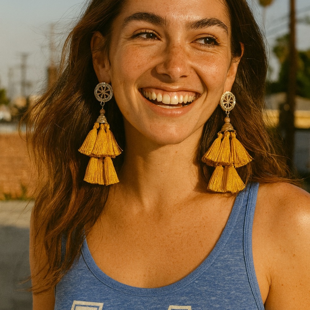 C & C California Dangle Shiny Silk Tassel Earrings Howlite Stone